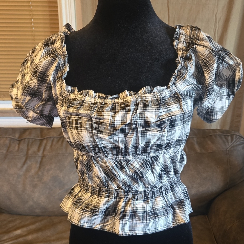 Elegant Black and White Plaid Ruffle Blouse Size S